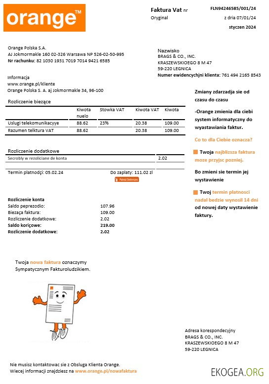 Modèle de facture de services publics d'entreprise Pologne Orange aux formats Word et PDF